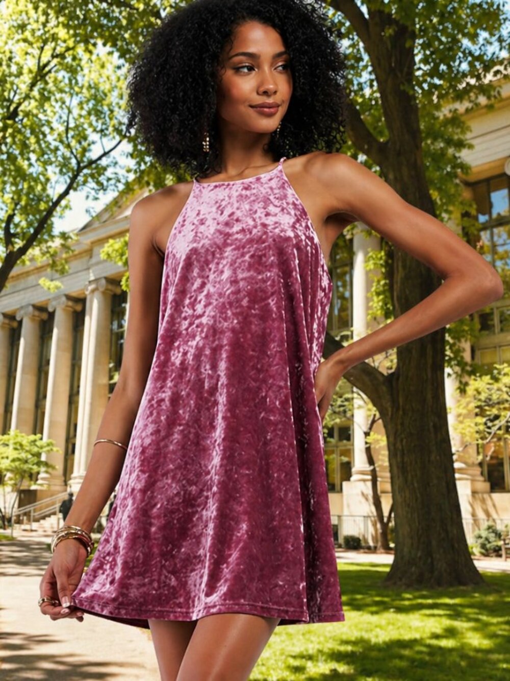 Petal Pink Crushed Velevet Flowy Stretchy Babydoll High Neck Halter Mini Dress